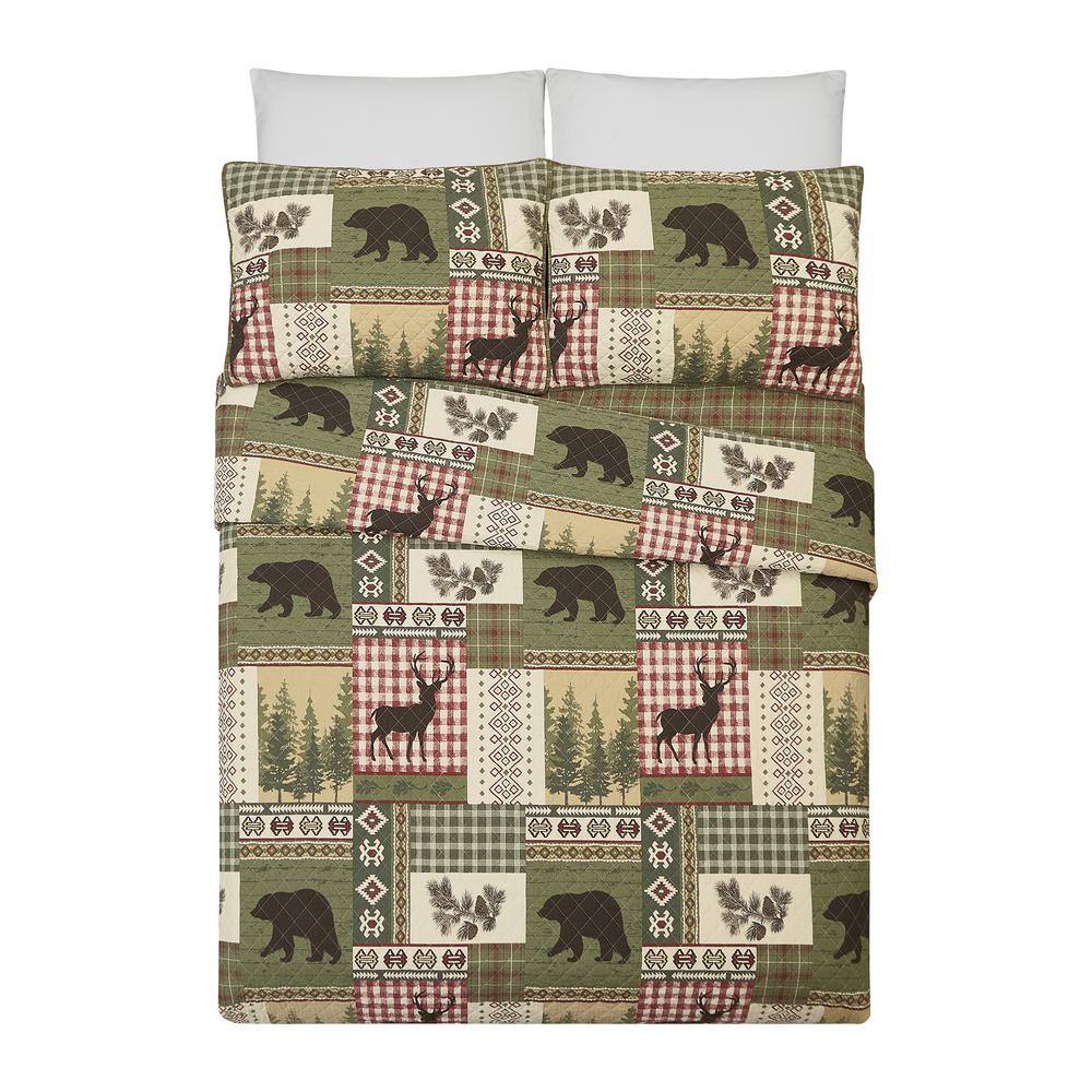 King Size Red and Green Cotton Reversible Quilt Set