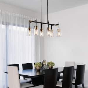 6-Light Black Modern Island Chandelier, Transitional Brass Gold Adjustable Hanging Pendant with Clear Cylinder Shade