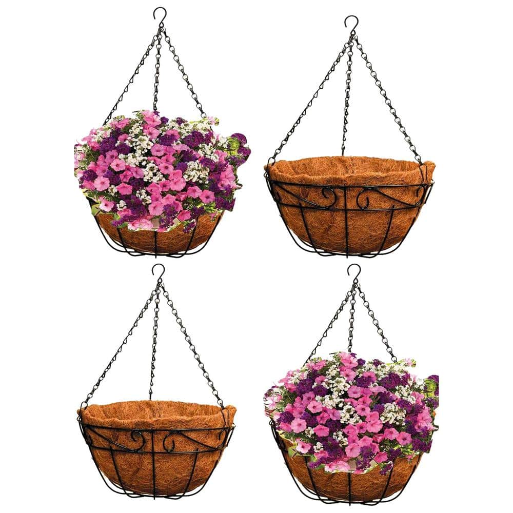 12 Inch Round Black Metal Hanging Planter Baskets with Coco Liner (4-Pack)