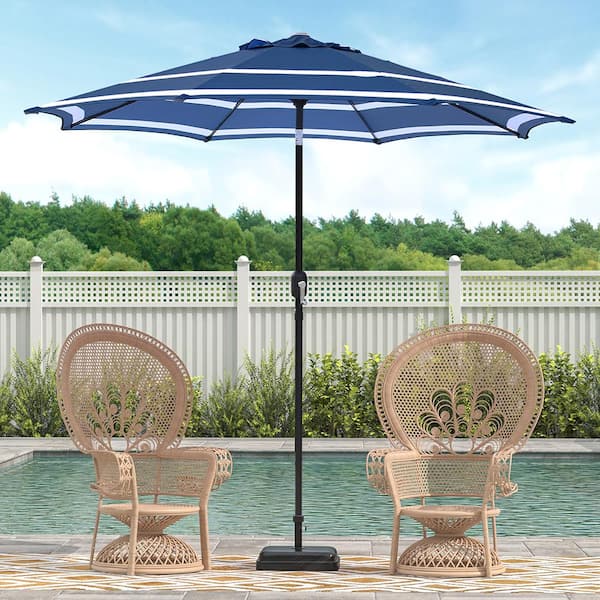 9 ft. Steel Crank and Tilt Stripe Market Patio Umbrella in Royal Blue and White
