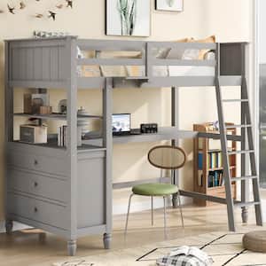 Multifunction Gray Twin Size Wood Loft Bed with Desk, Shelves and Drawers