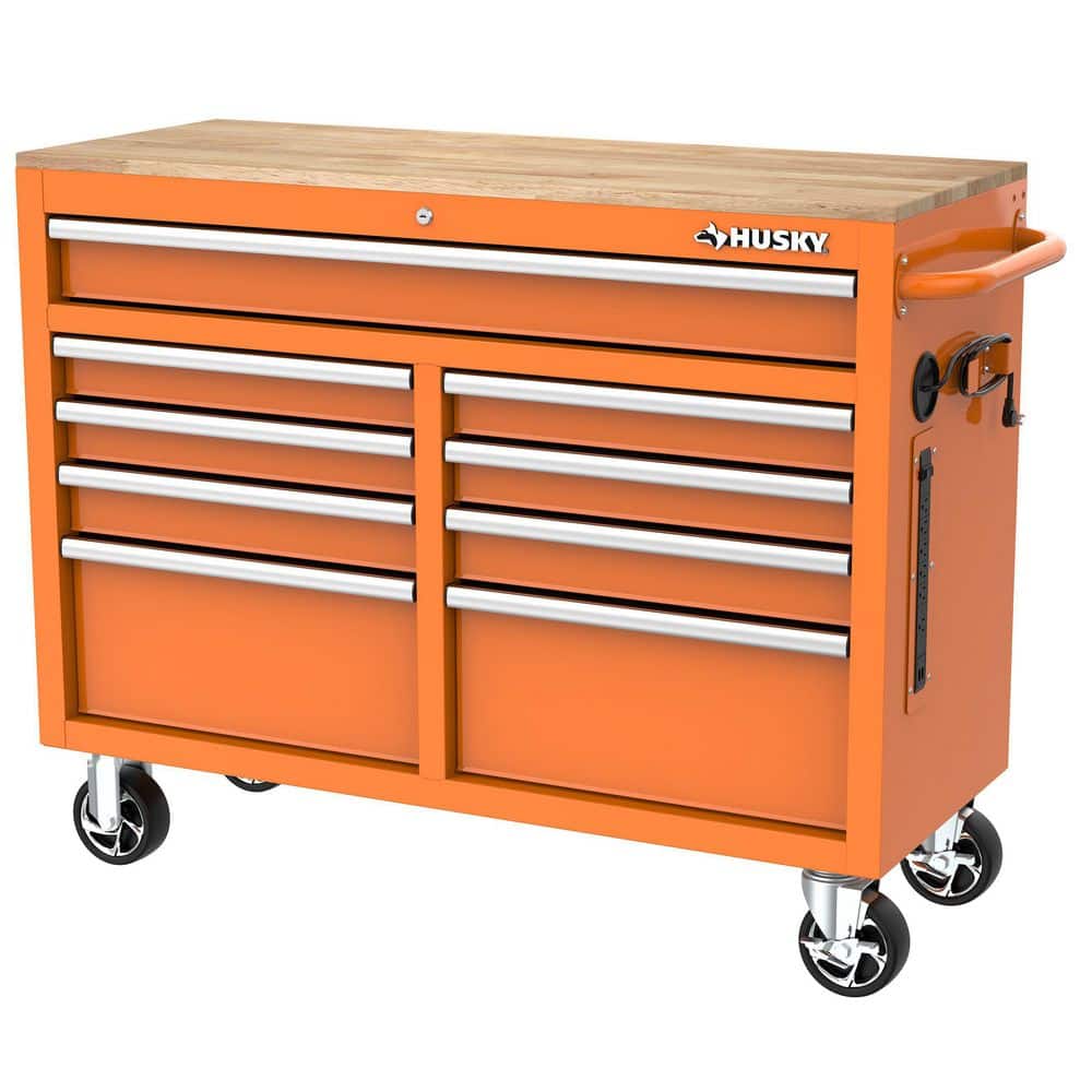 46 in. W x 18 in. D 9-Drawer Gloss Orange Mobile Workbench Cabinet  with So