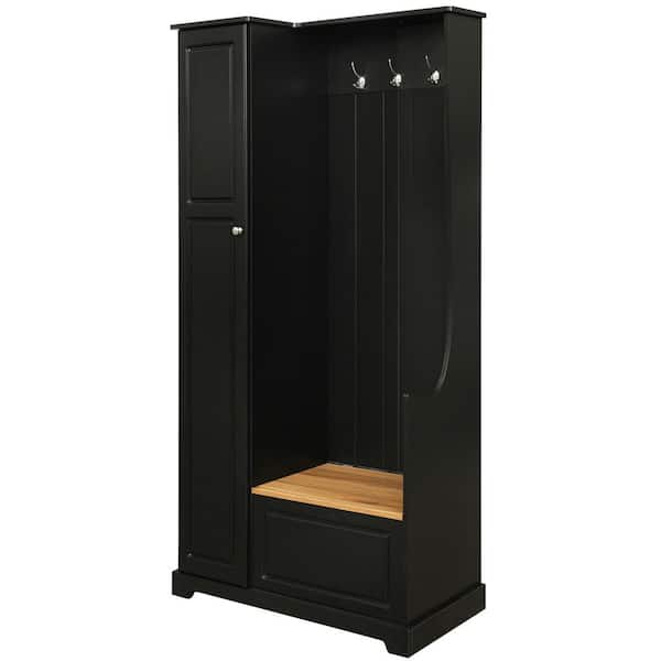 Black Entryway Hall Tree with Flip-Up Bench and Storage Cabinet