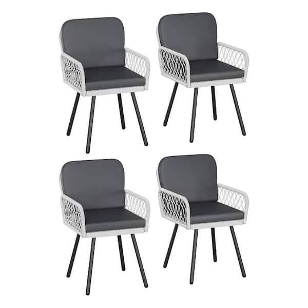 Stackable Metal Frame Outdoor Wicker Dining Chairs with Gray Cushions (4-Pack)