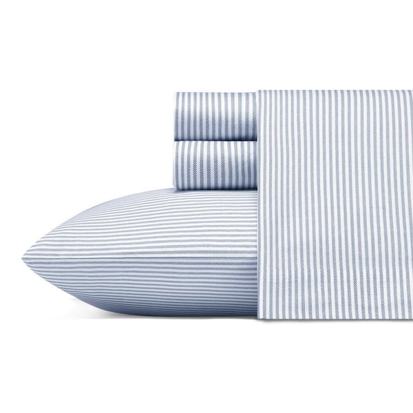 Poppy & Fritz Oxford Stripe 4-Piece Blue Cotton Queen Sheet Set