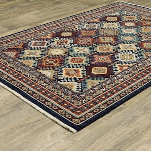 Lillian Navy/Multi 2 ft. x 12 ft. Oriental Medallion Geometric Wool/Nylon Blend Fringed-Edge Indoor Runner Area Rug