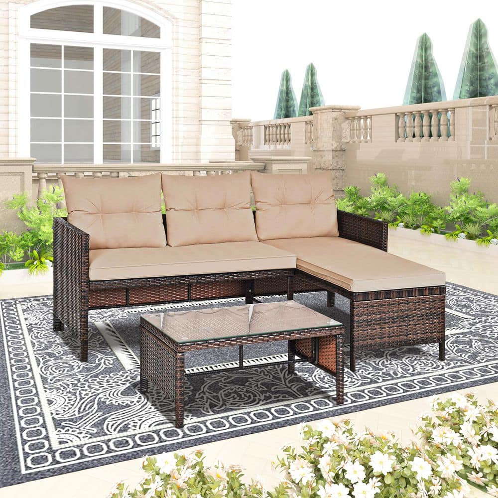3-Piece Wicker L-Shaped Patio Conversation Set with Brown Cushions price history on PriceWatchPro