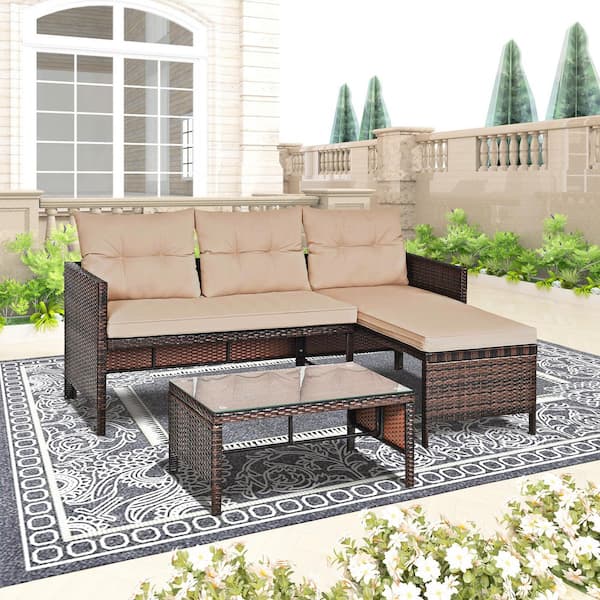 3-Piece Wicker L-Shaped Patio Conversation Set with Brown Cushions