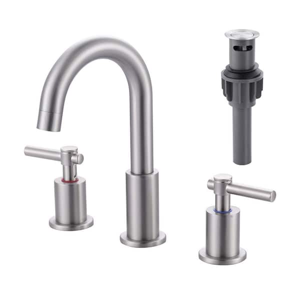 ALEASHA Slim Deck Mount Double Handle High Arc 8 in. Widespread Bathroom Faucet in Brushed Nickel