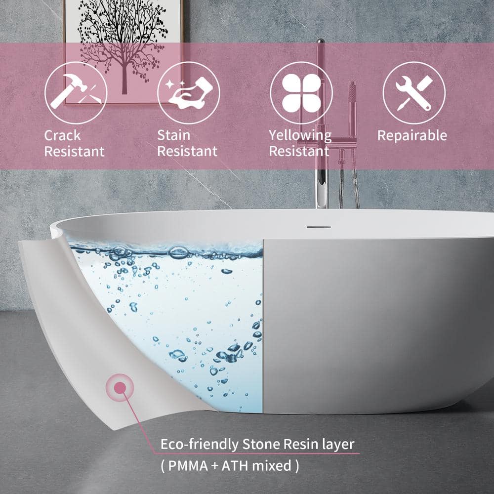 65" White Acrylic Freestanding Soaking Bathtub with Drain