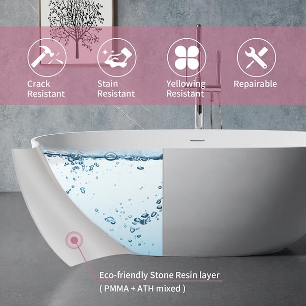 65 in. x 29.5 in. Freestanding Soaking Solid Surface Bathtub with Center Drain in Matte White