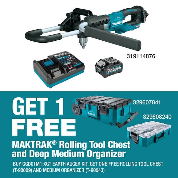 40V max XGT Brushless Cordless 36 cc Earth Auger Kit (4.0Ah) and MAKTRAK Rolling Tool Chest and MAKTRAK Medium Organizer