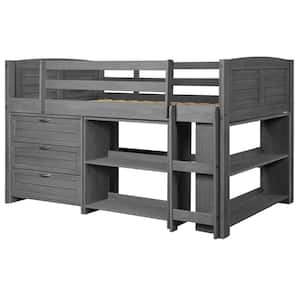 Antique Grey Twin Louver Low Loft Bed with 3-Drawer Chest and 2-Bookshelves