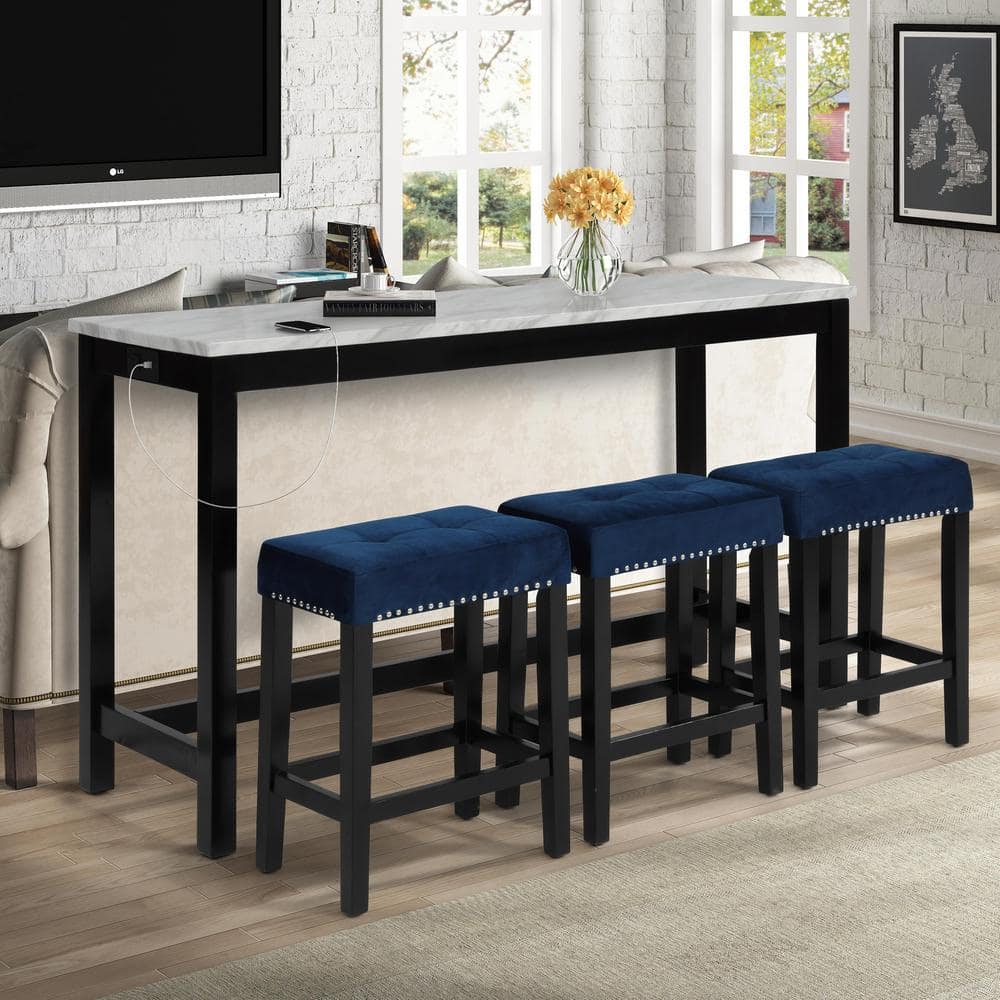 Elegant 60'' Black Transitional 4-Piece Pub Set with Faux Marble Top