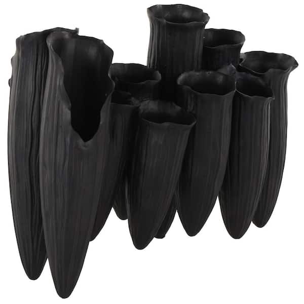 Litton Lane Black Floral Inspired Ceramic Abstract 10 Openings Decorative Vase with Linear Grooves
