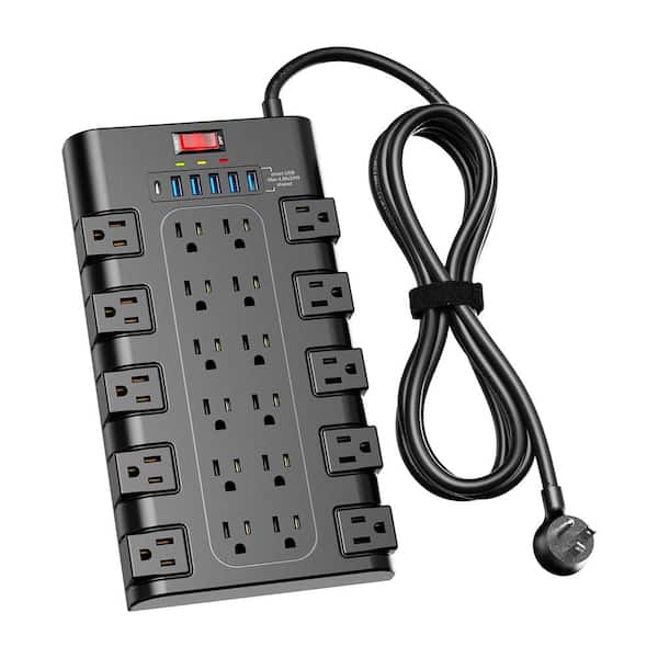 22-Outlet Power Strip Surge Protector with 5 USB-A Ports and 1 USB-C Port, 6.5 ft. Flat Plug Cord and Mountable, Black