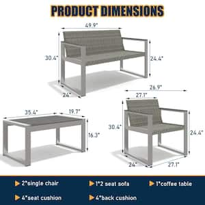 4-Piece Aluminum and Rattan Modern Sofa Seating Group Patio Conversation Set