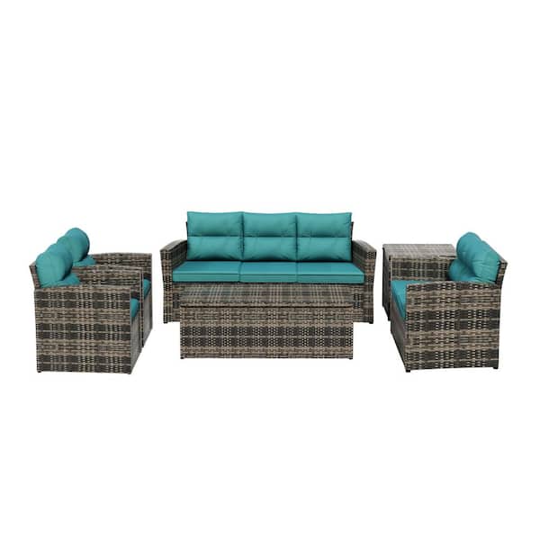 WESTIN OUTDOOR Alpine 6-Piece Rattan Wicker Patio Outdoor Conversation Set with Turquoise Cushions