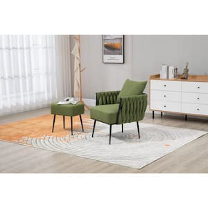 Green Linen Modern Accent Chair Upholstered Armchair Lounge Chair with Ottoman Set, Metal Frame