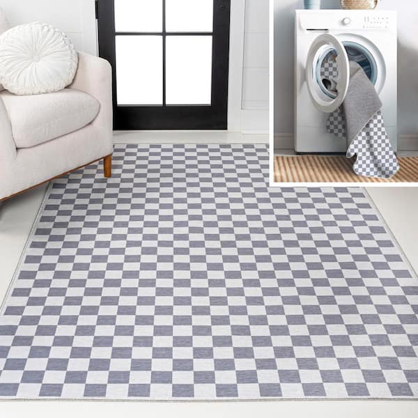 Ainsley Modern Cottage Checkerboard Washable Purple Gray/White 8 ft. x 10 ft. Area Rug