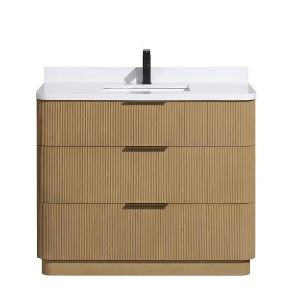 Ari Kitchen and Bath Calamigo 42 W x 22 in. D x 34.5 H Single Bath Vanity in Oak with Engineered Quartz Top in White with White Basin