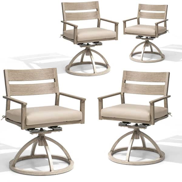 High-Grade Wood-Grain Swivel Aluminum Patio Outdoor Dining Chair with Sunbrella Canvas Antique Beige Cushion (4-Pack)
