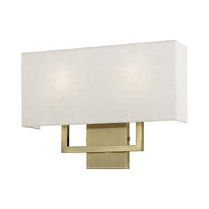 Pierson 16 in. 2-Light Antique Brass ADA Sconce with Oatmeal Color Fabric Shade