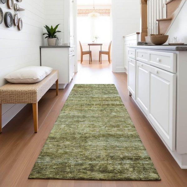 Mayfield Premium Machine Washable Abstract AMF1166 Olive 2 ft. 3 in. x 7 ft. 6 in. Runner Rug