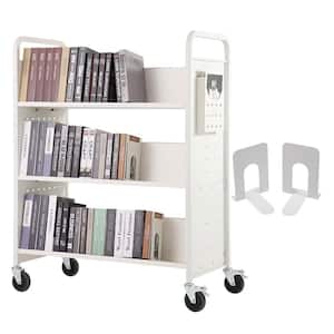 Book Cart 330 lbs. Library Cart 39 x 20 x 49 in. Double Sided W-Shape Sloped Shelves with 4 in. Lockable Wheels in White