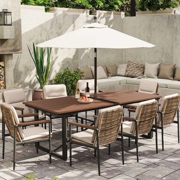 PureCane 9-Piece Aluminum Outdoor Dining Set with Wooden Table Top, Wicker Chairs and Gray Cushions