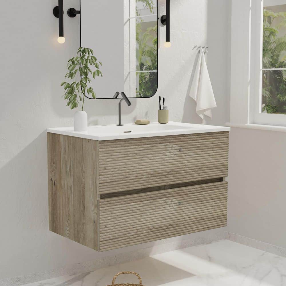 30 in. Wall-Mounted Floating Bath Vanity in Rough Oak with Single Ceramic S