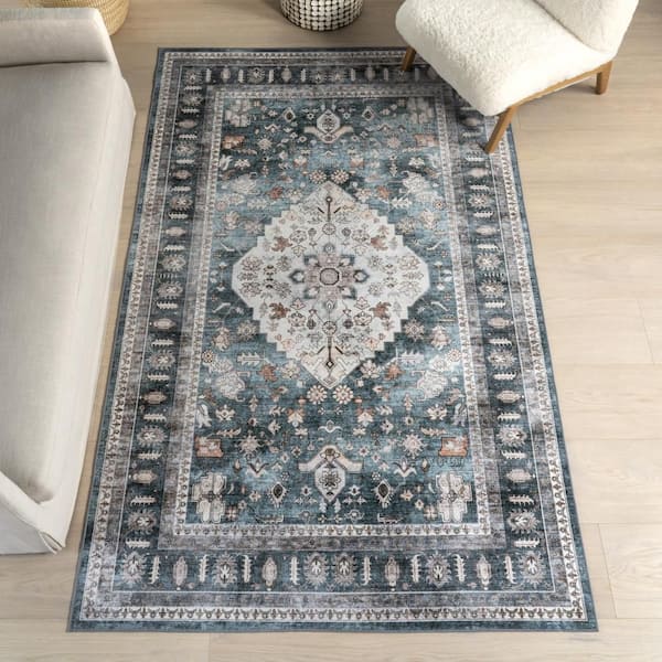 Keyara Spill Proof Washable Green 6 ft. x 9 ft. Indoor Area Rug