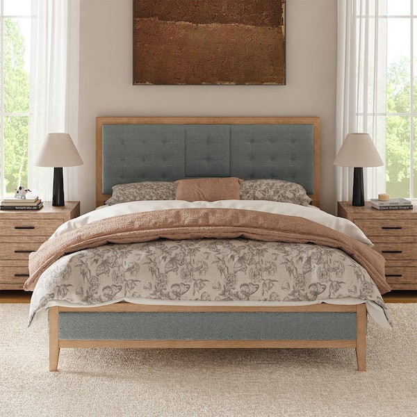 JAYDEN CREATION Romeo Gray Wood Frame Queen Platform Bed with Upholstered Headboard