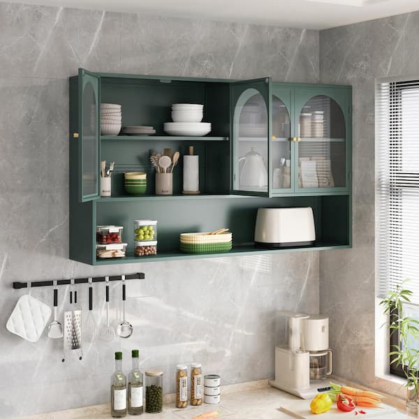 Tatahance 3-Shelf Dark Green Metal Wall-Mounted Cabinet Storage Pantry Organizer with Glass Door