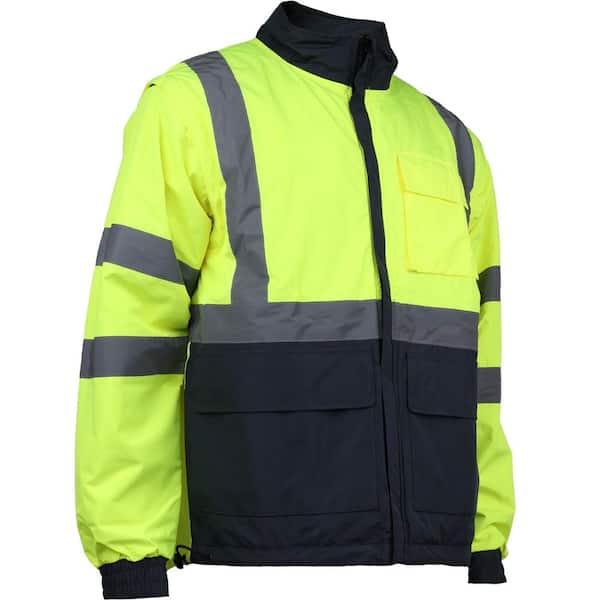 Men's Small ANSI Type R Class 3 4-in-1 Reversible Hi Vis Yellow and Dark Gray Bottom Multi-Seasonal Windbreaker Jacket