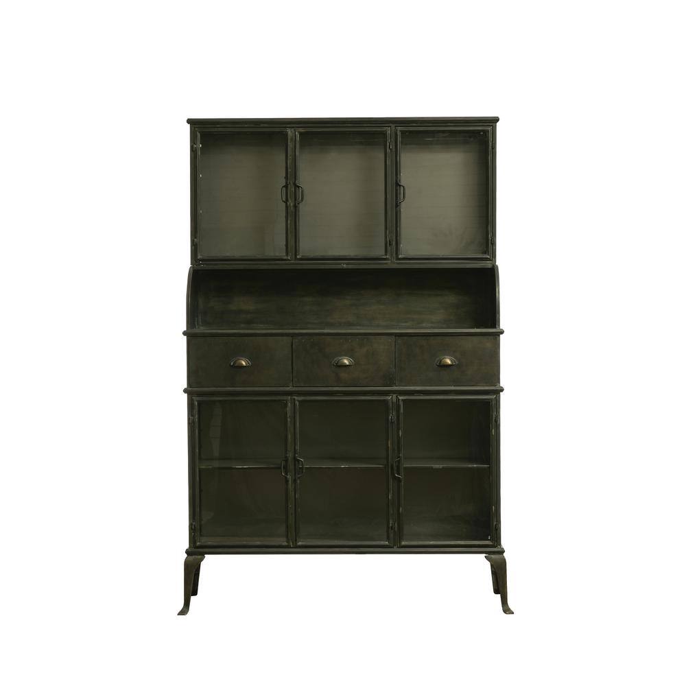 Storied Home Metal Storage Cabinet Black: Elegant Glass Doors, Geometric Hutch Design, Durable Iron Frame