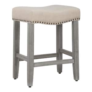 Jameson 24 in Counter Height Antique Gray Wood Backless Nailhead Trim Barstool, Upholstered Beige Linen Saddle Seat