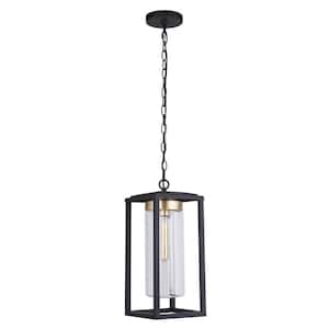 Neo 18 in. 1 Light Midnight/Satin Brass Finish Dimmable Outdoor Pendant Light with Clear Glass Shade, No Bulbs Included