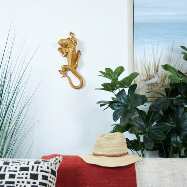 Litton Lane Gold Poly Stone Textured Climbing Lizard Sculpture