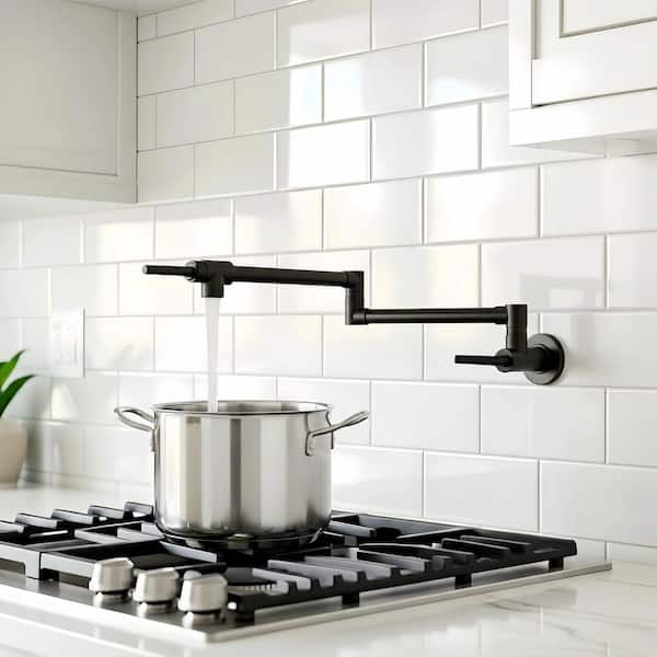 Kitchen Wall Mount Pot Filler Faucet with Spot Resistant and Double-Handle in Matte Black