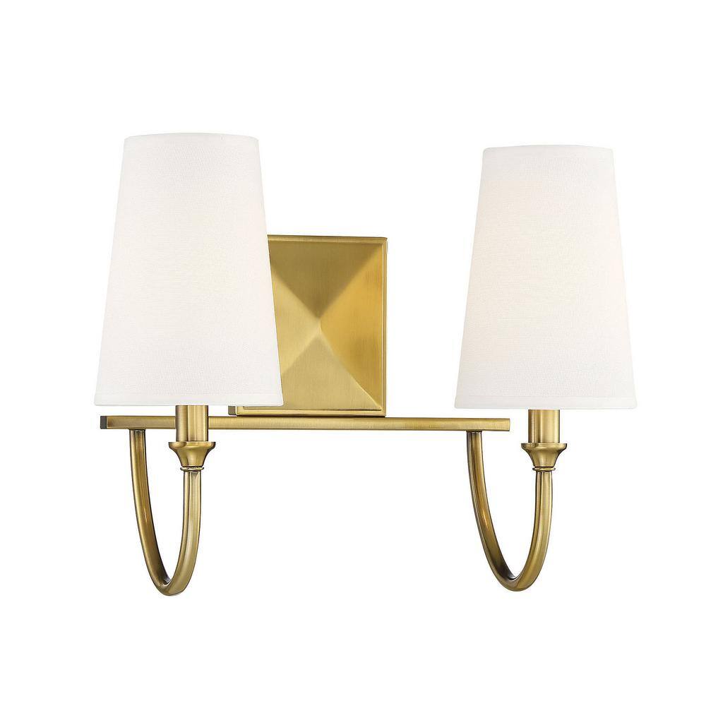 Warm Brass 12" Tall Curved Arm Vanity Light with White Fabric Shades
