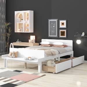 Modern White Wood Frame Full Size Platform Bed with Footboard Bench, 2-Drawer and Slat Support Legs