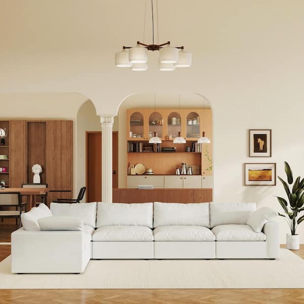 U-shaped 118 in. Square Arm Down Filled Linen 5-Piece Cloud Modular Sectional Sofa Couch in White with Removable Covers