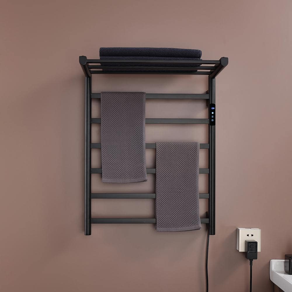 9-Stainless Steel Bars Wall Mounted Electric Heated Towel Drying Rack in Bl