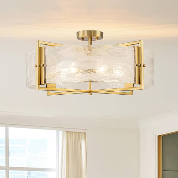 23.6 in. 6-Light Drum Brushed Brass Modern Farmhouse Semi-Flush Mount with Cloud Textured Glass Shade for Dining Kitchen