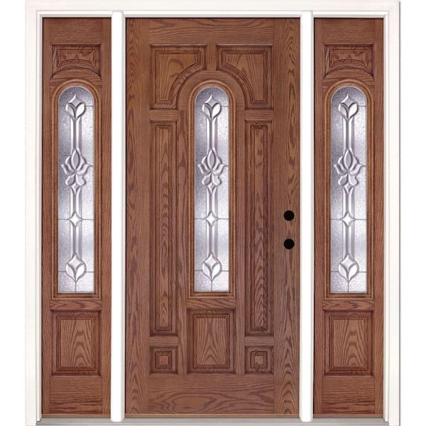 Feather River Doors 67.5 in.x81.625 in. Medina Zinc Center Arch Lite Stained Medium Oak Left-Hand Fiberglass Prehung Front Door w/Sidelites