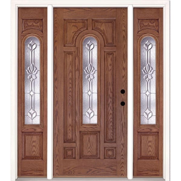 67.5 in.x81.625 in. Medina Zinc Center Arch Lite Stained Medium Oak Left-Hand Fiberglass Prehung Front Door w/Sidelites