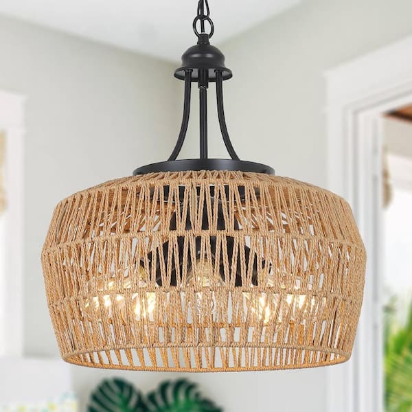Caneo 18 in. 5-Light Woven Rattan Farmhouse Brown Chandelier Light With Woven Lampshade For Hallway, Island, Dining Room