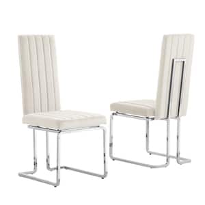 Jana Cream Velvet Fabric Vertical Line Design Chrome Iron Side Chair (Set of 2)