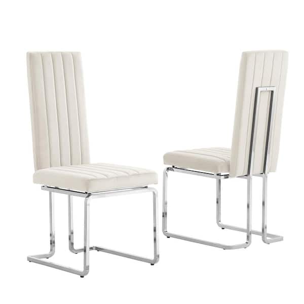 Best Quality Furniture Jana Cream Velvet Fabric Vertical Line Design Chrome Iron Side Chair (Set of 2)